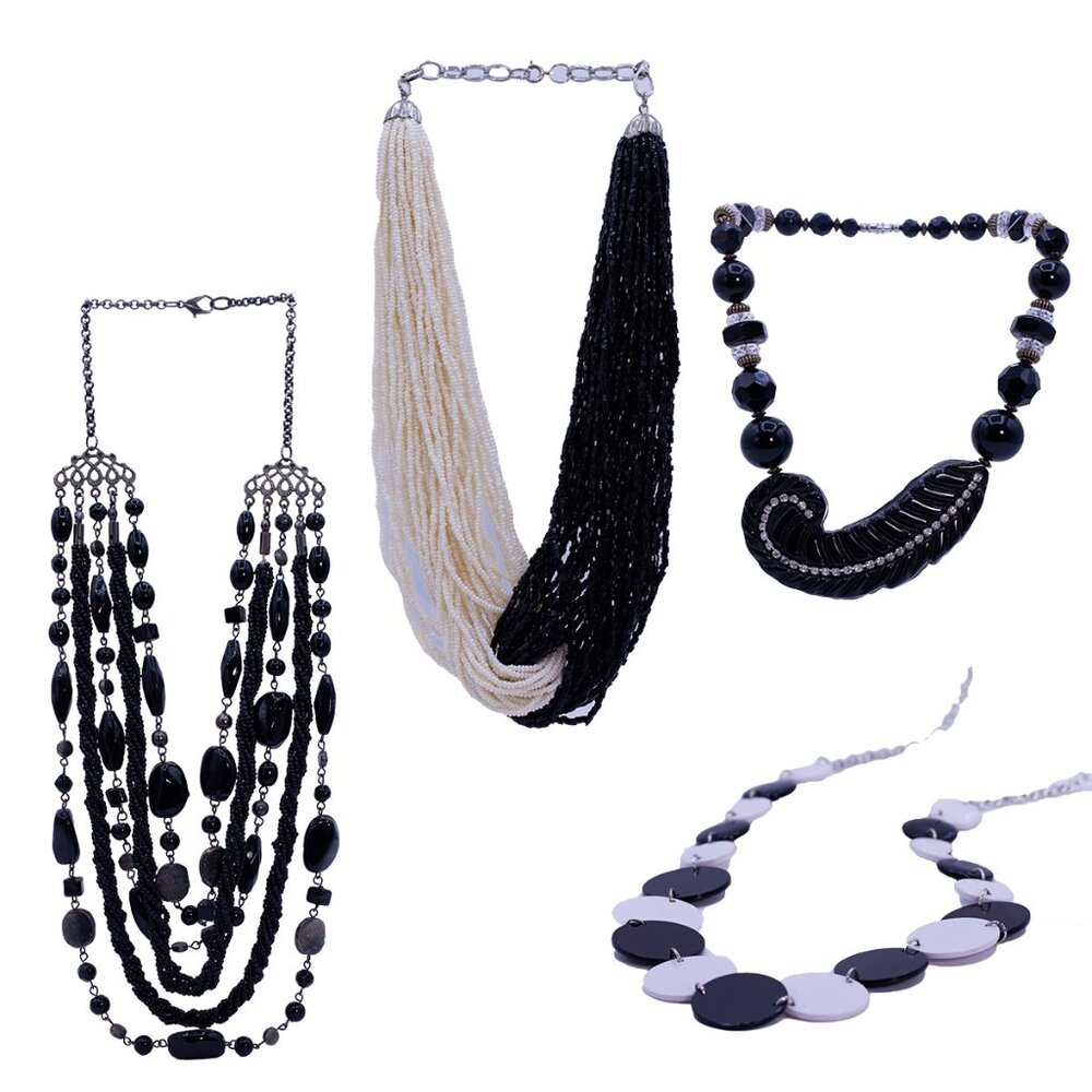 4 Vintage Black & White Beaded 90's Necklaces, Kenneth Jay Lane Style Torsade